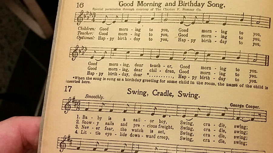 A 1922 copy of "The Everyday Song Book," containing lyrics to "Happy Birthday." (Christine Mai-Duc / Los Angeles Times)