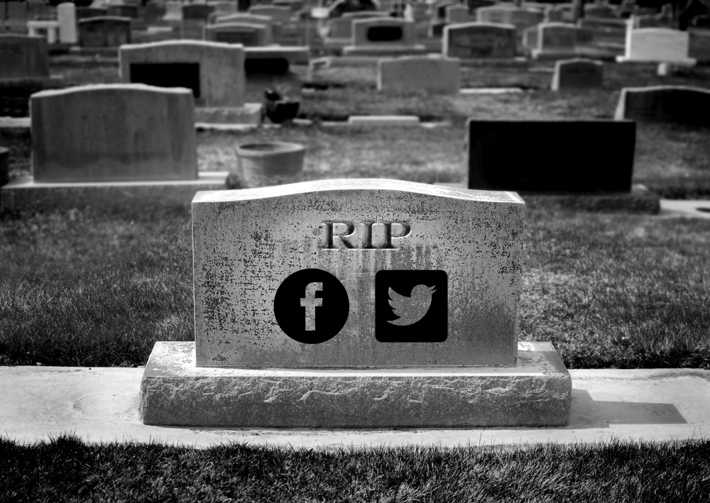 Gravestone image with social media icons from Shutterstock.