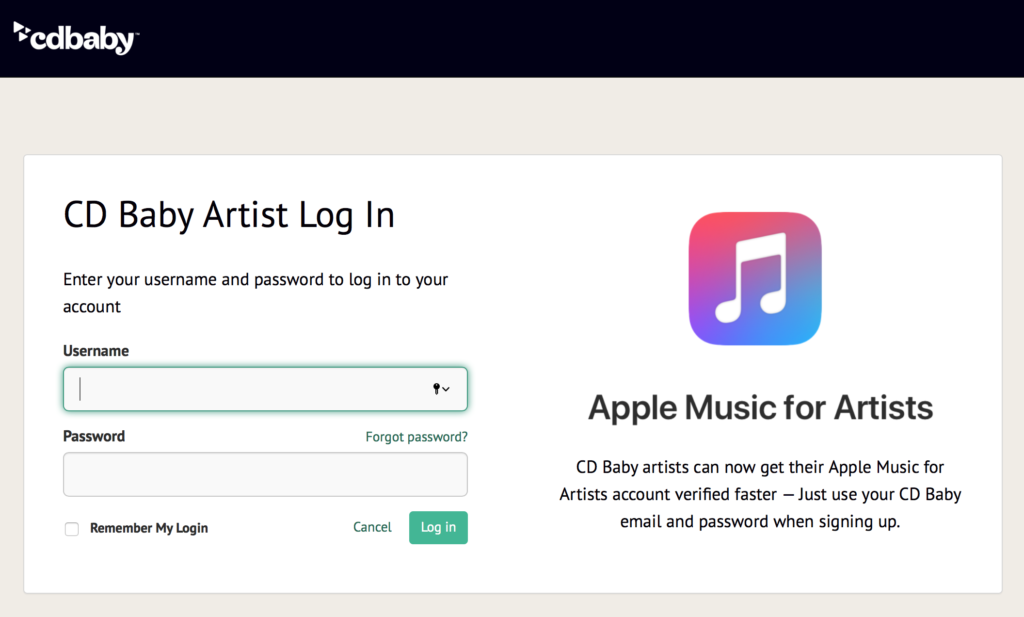 Validating your Apple Music For Artists account with your CD Baby login