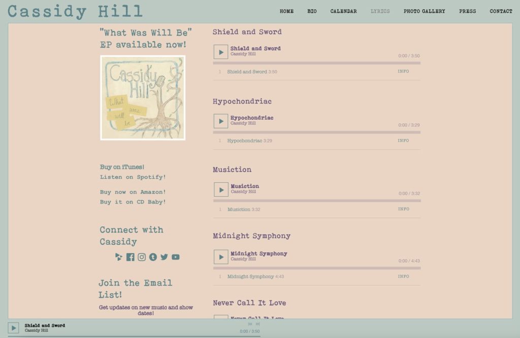 Example web page that features music by the artist