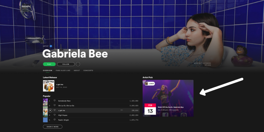 An example of a live event listing on a Spotify profile