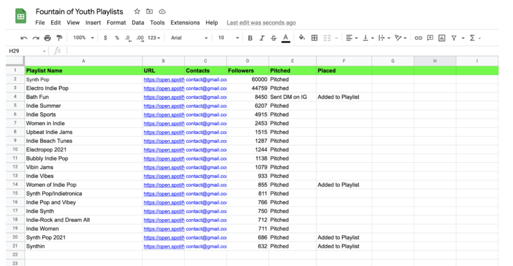Excel sheet of playlists